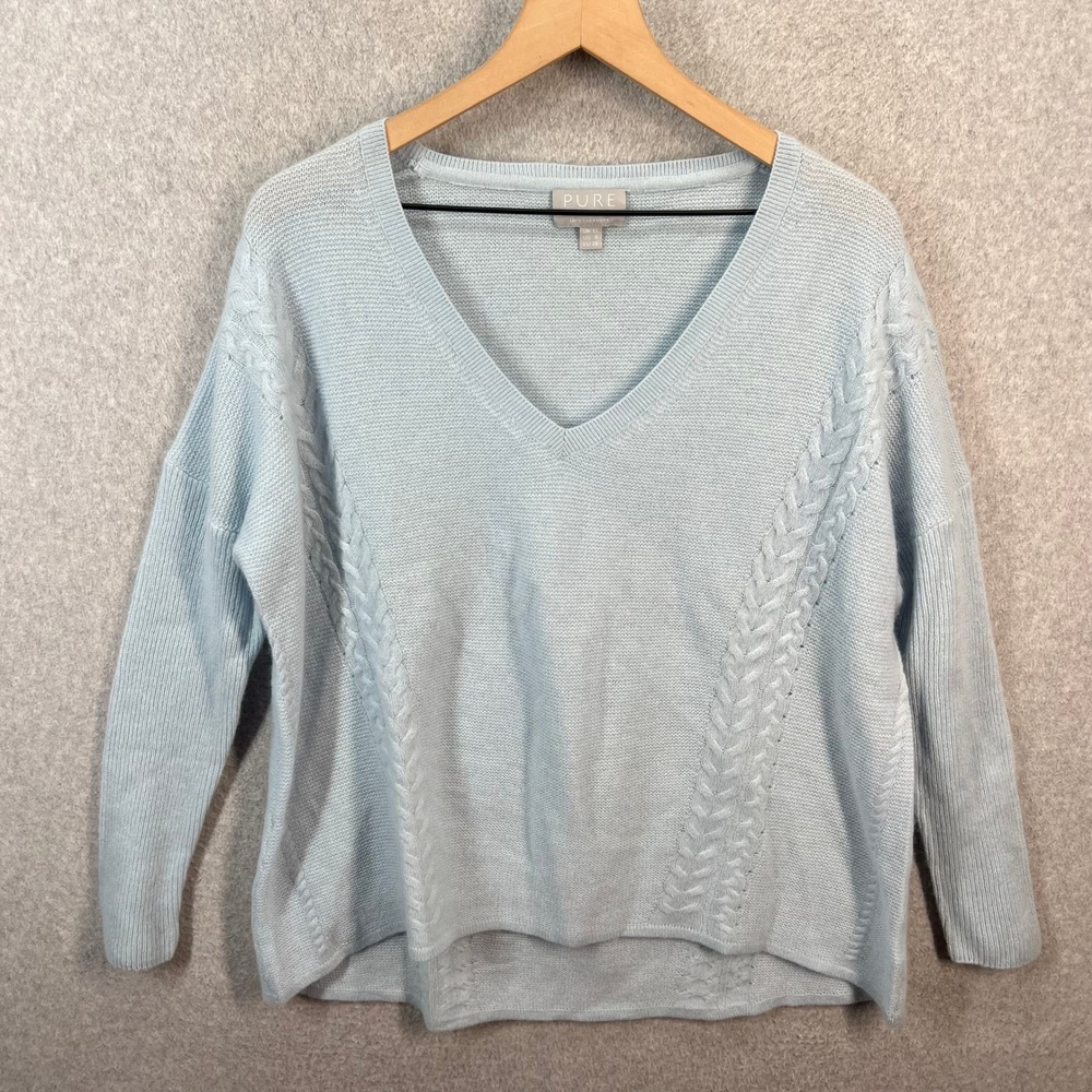 Pure Collection‎ Cashmere Sweater Womens 6 Blue V-Neck Cable Knit Pullover 7384